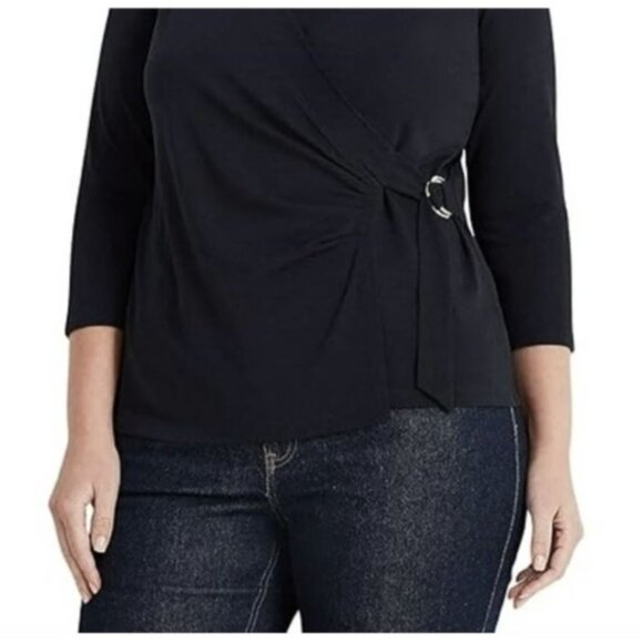 Lauren Ralph Lauren Plus Size Faux-Wrap Surplice Neck Top Navy Blue NWT - Picture 2 of 10